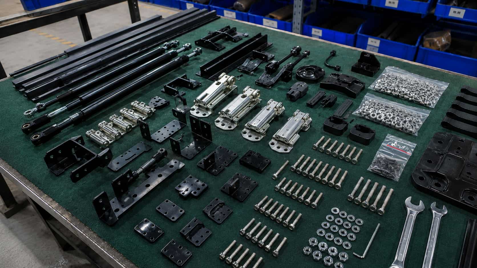 Rooftop tent hardware and replacement parts arranged for identification