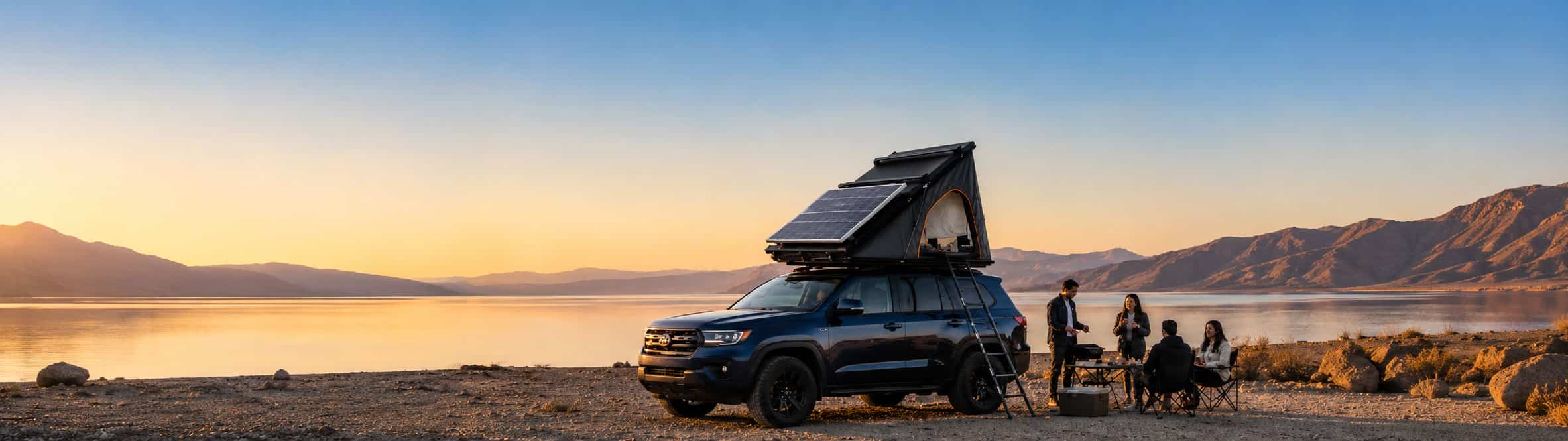 Car roof tent with solar panels full-width service banner