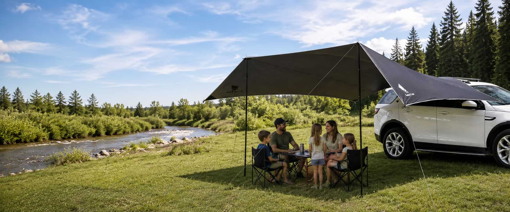 Large car side awning tarp full-width application banner