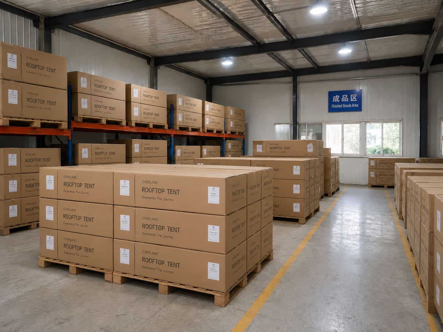 Finished goods warehouse for rooftop tents